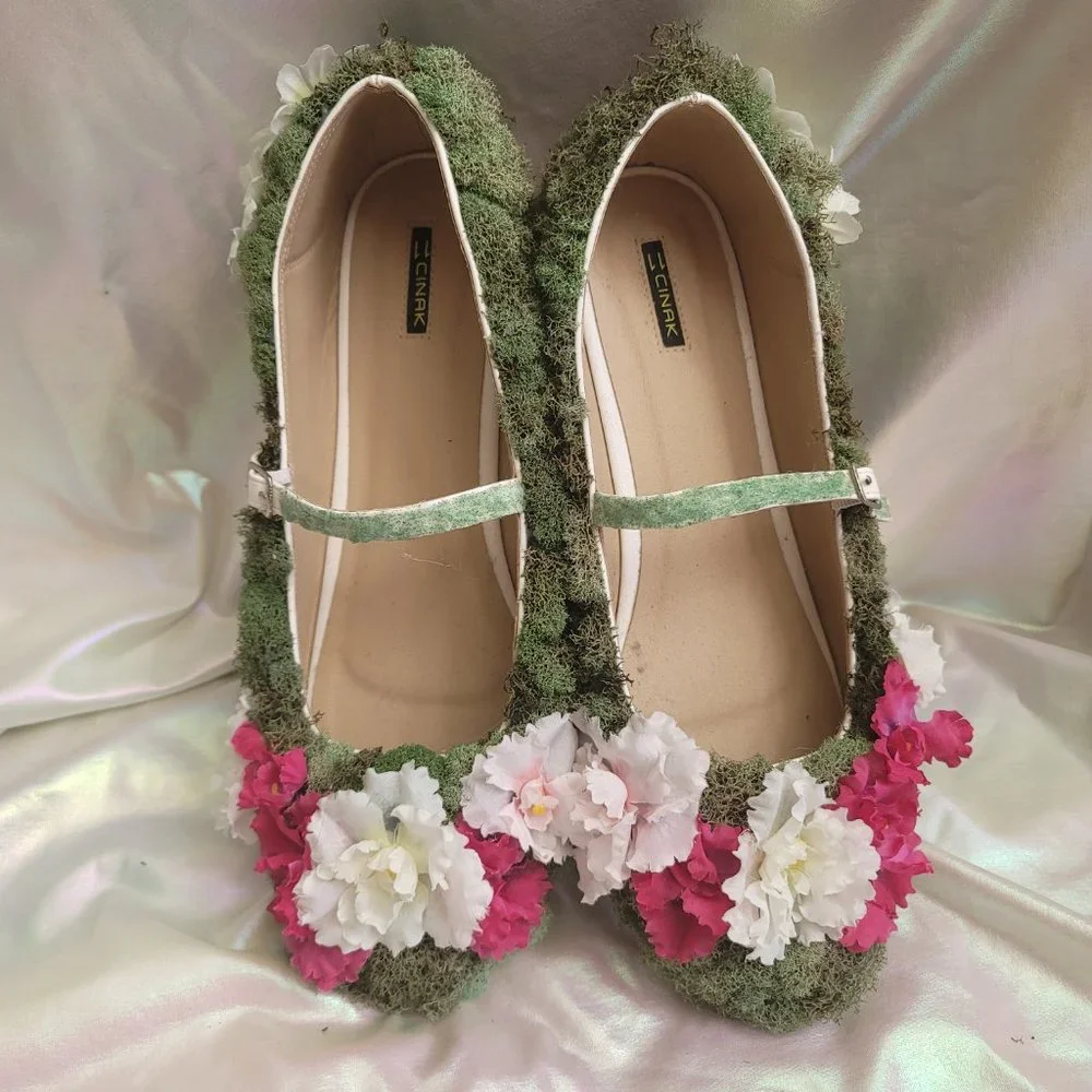 Custom One of a Kind Size 11 Topiary Moss and Flower Flat Mary Jane Shoes OOAK - Picture 3 of 11